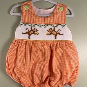 Orange Gingham Monkey Smocked Bubble Romper